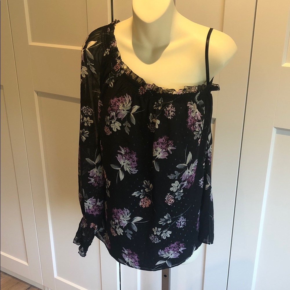 White House Black Market Black Floral One-Shoulder Blouse